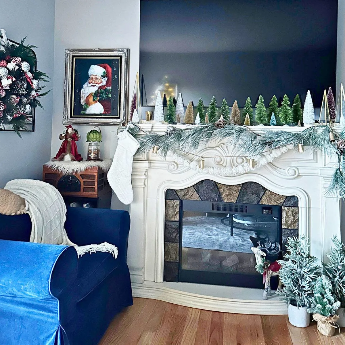 christmas mantel with bottle brush trees