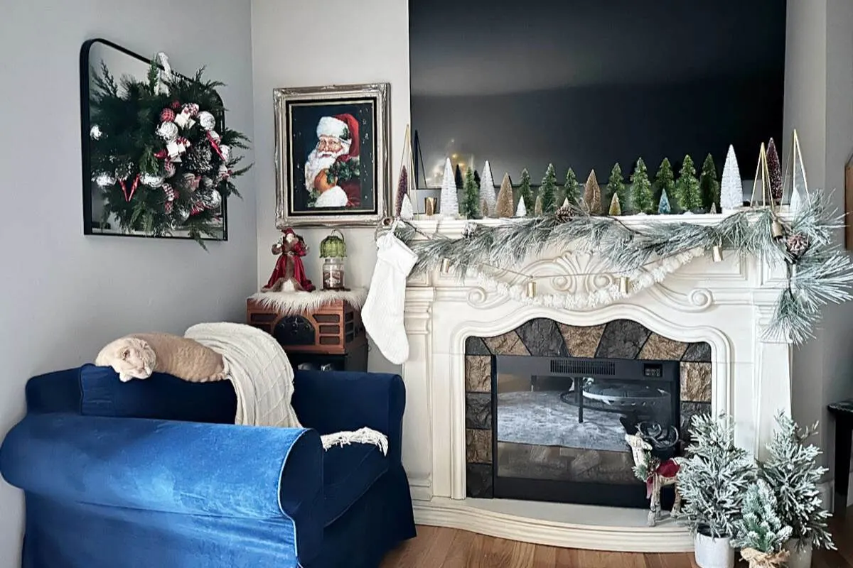 full view Christmas living room with bottle brush trees