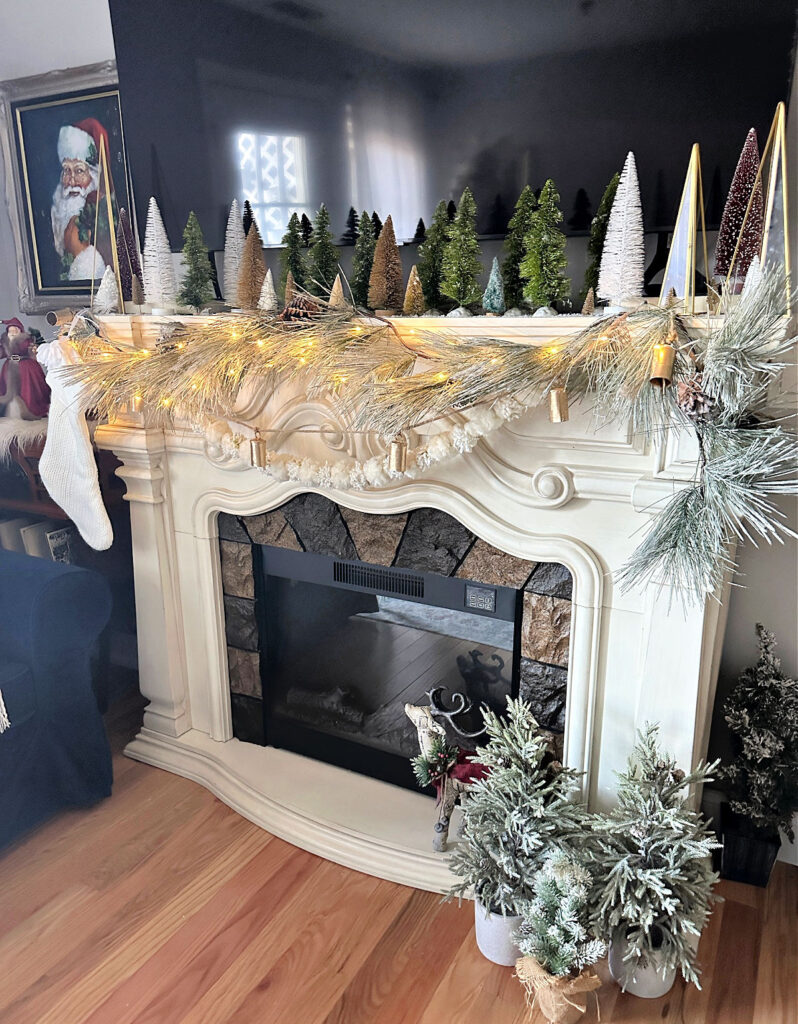 side view of christmas mantel with lights