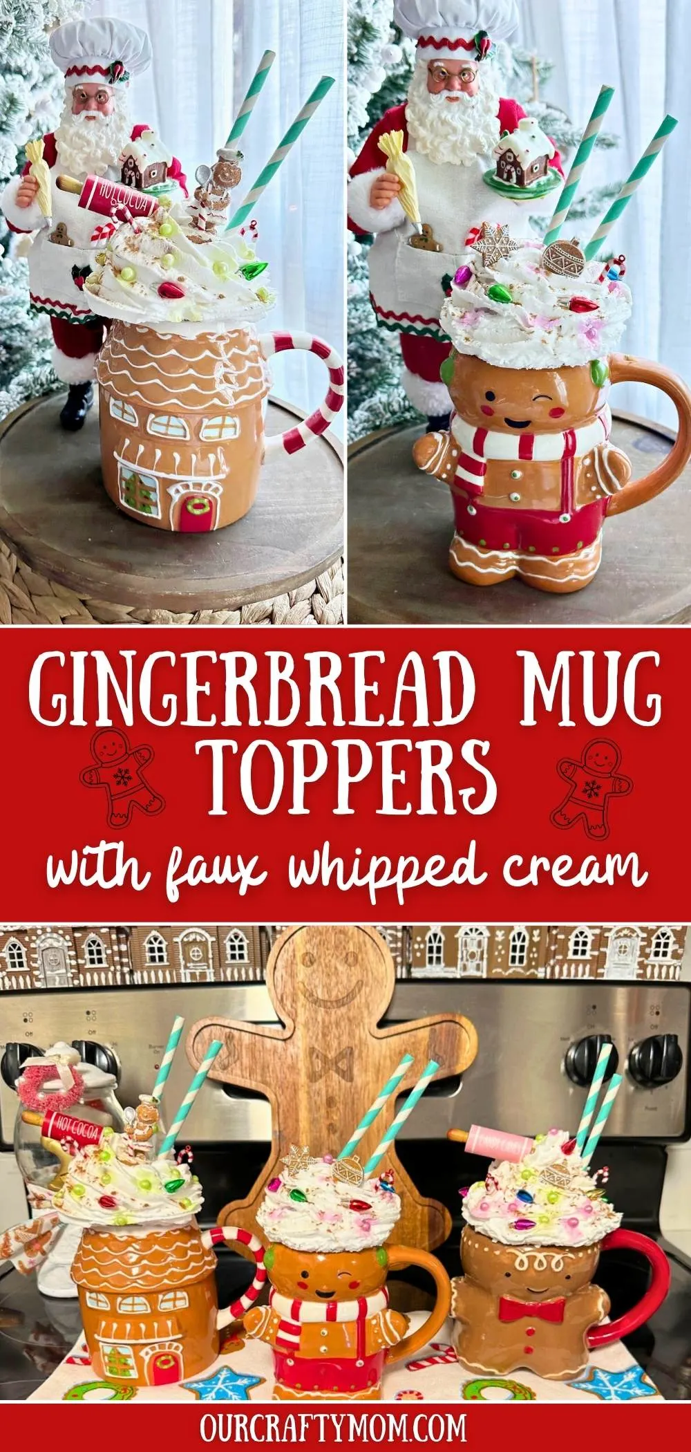 3 image collage with gingerbread  mugs with faux whipped cream toppers