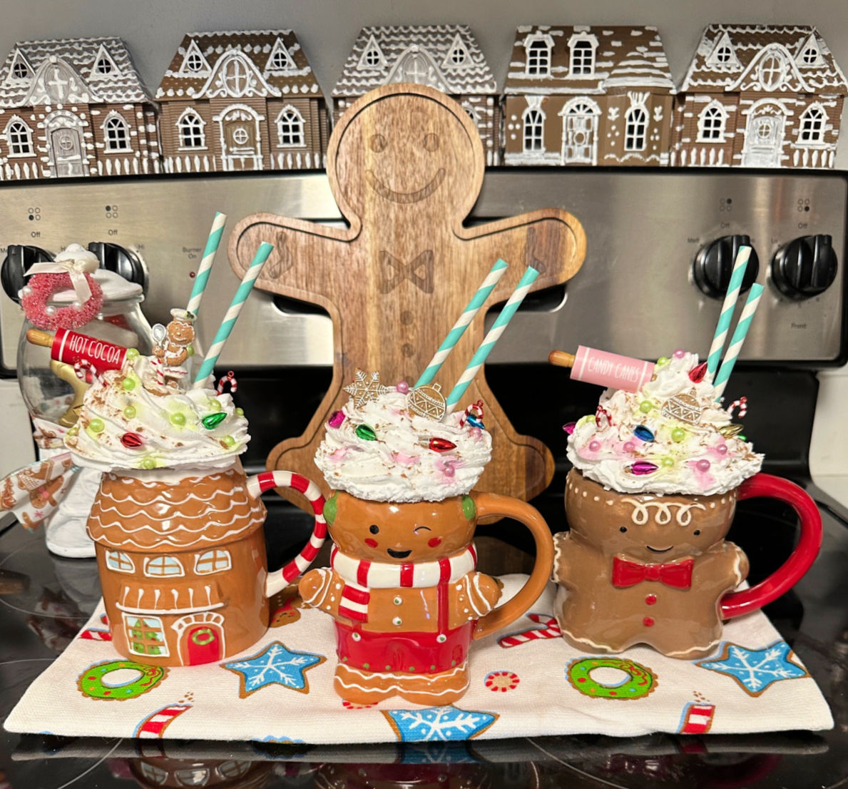 set of 3 gingerbread mugs with Faux whipped cream toppers