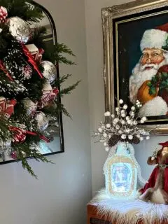 santa image on glass jar with lights