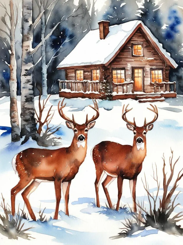 winter cabin with deer printable