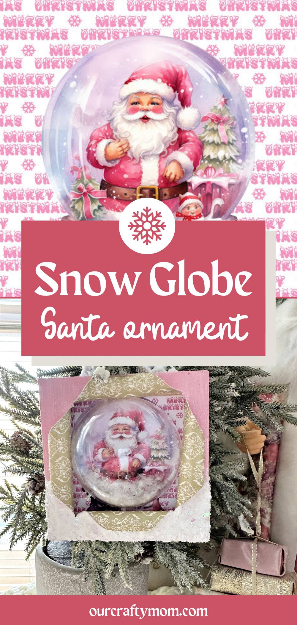 collage with text busted canvas snow globe ornament