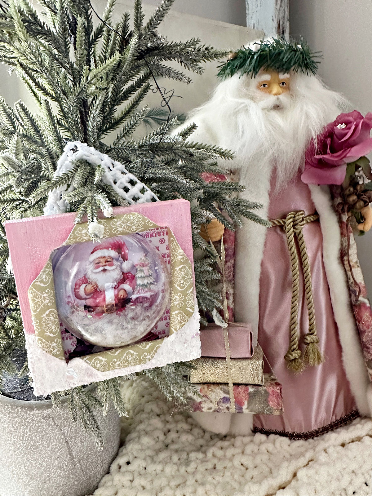 full view of Santa ornament with vintage Santa