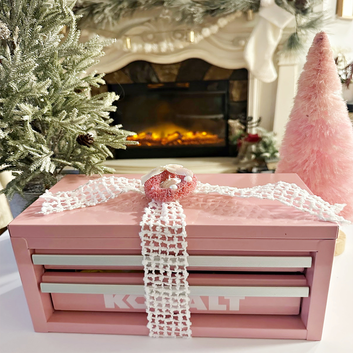 Pink mini tool box turned into a Christmas snackle box gift