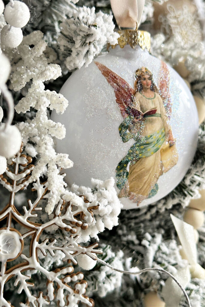 side view of angel ornament on tree