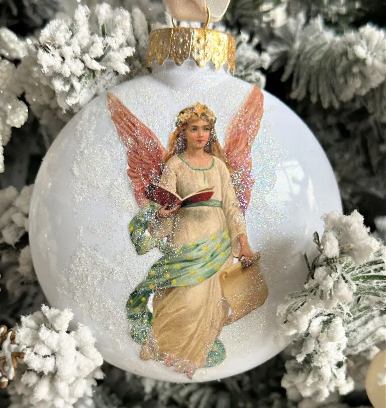 close up of vintage angel ornament with free printable