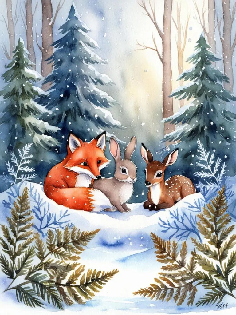 woodland animals winter scene