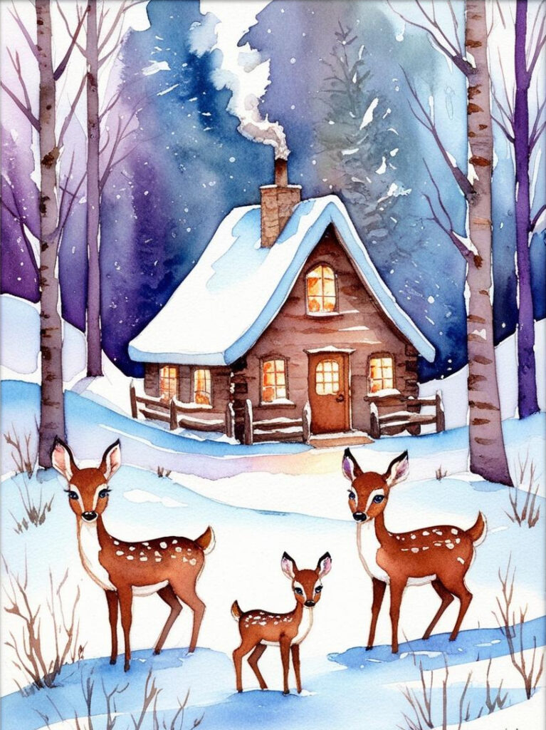 winter cabin with baby deer printable