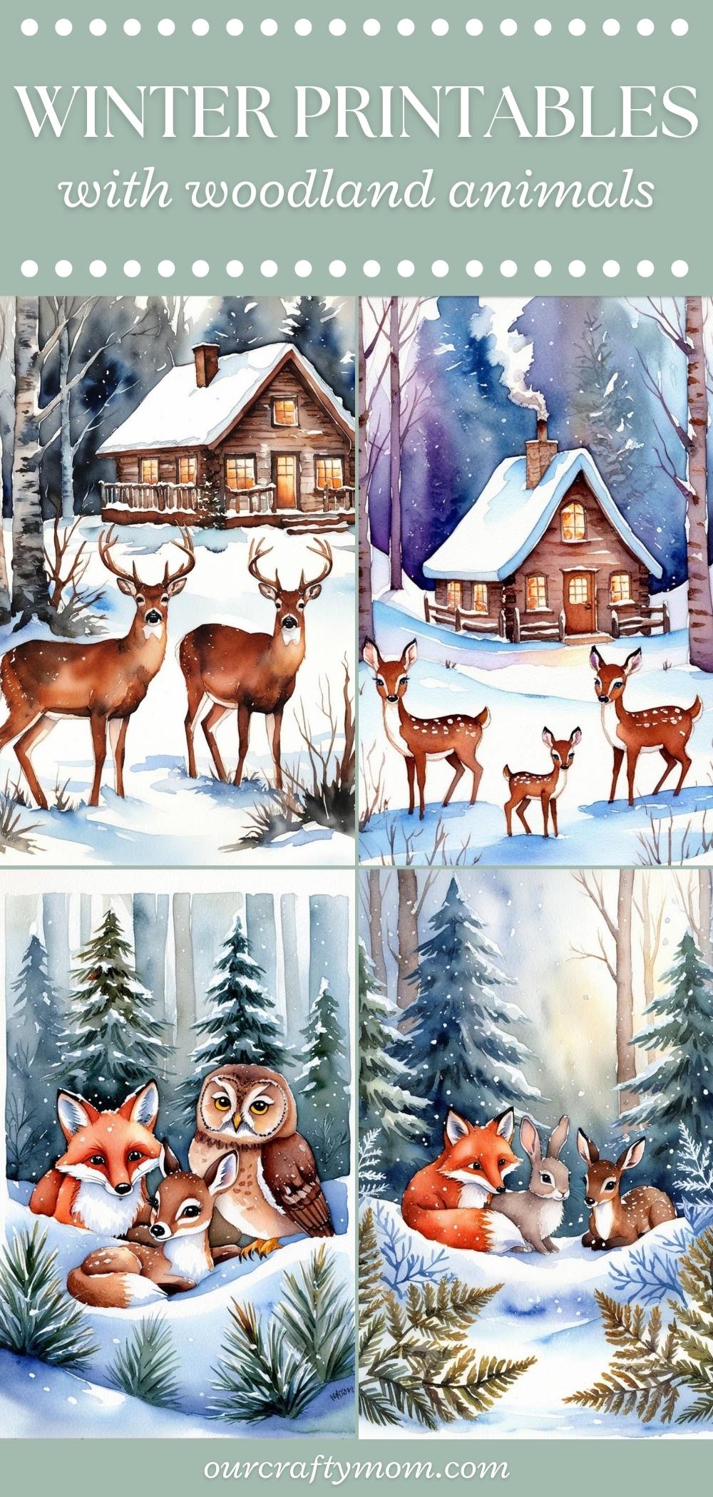 vertical collage with winter scene with animals