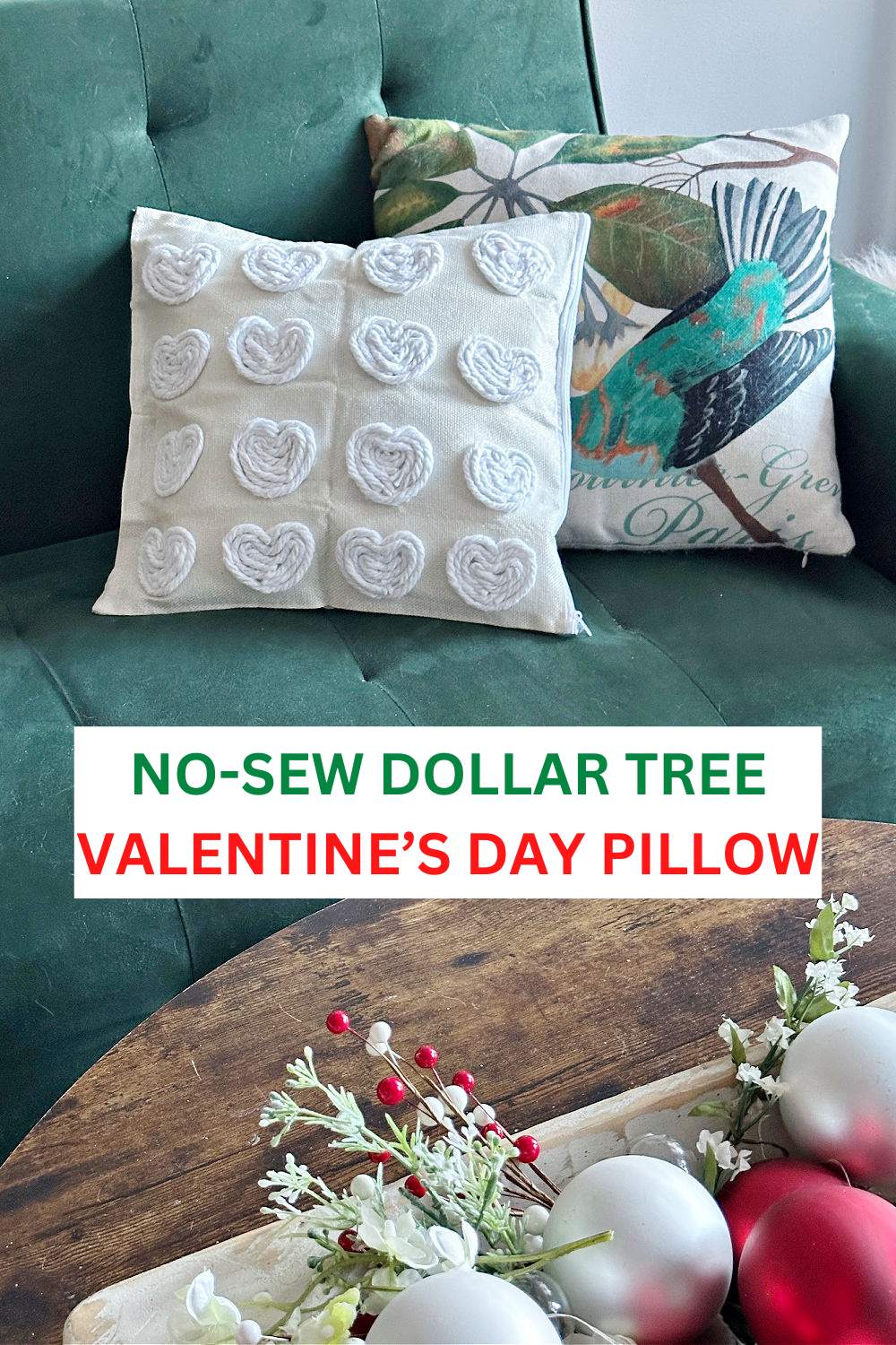 diy dollar tree valentines day pillows on green sofa