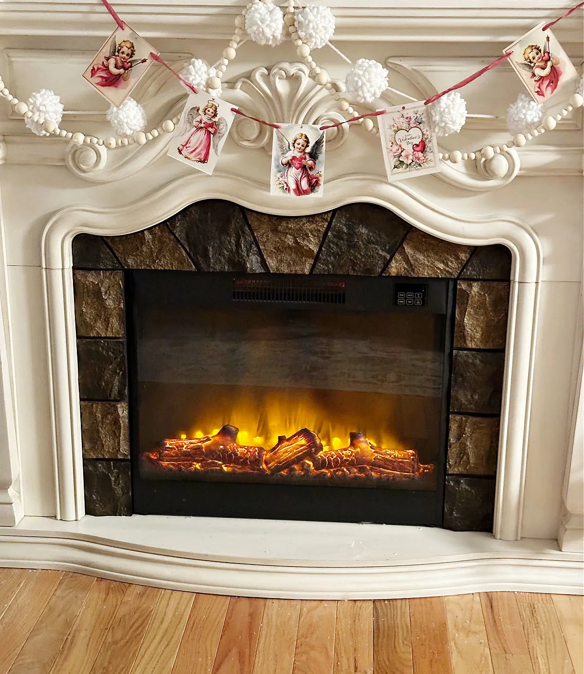 vintage valentines banner on mantel