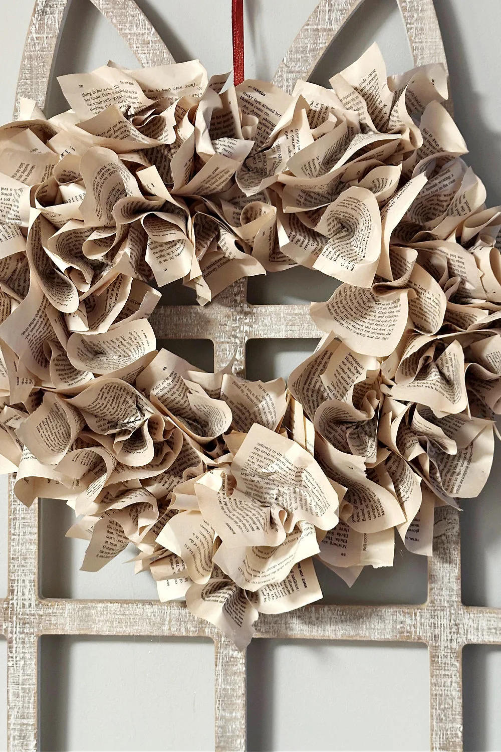 close up of book page wreath