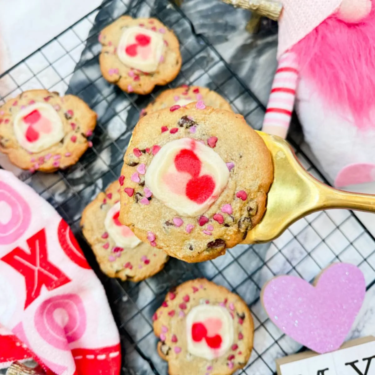 viral valentine chocolate chip sugar cookies on counter