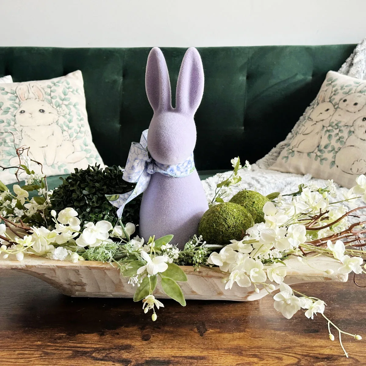 Wooden Dough Bowl Centerpiece for Spring with flocked bunny
