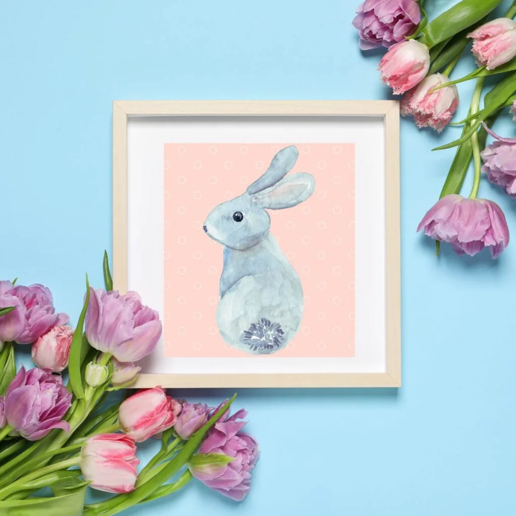 blue bunny printable on pink background