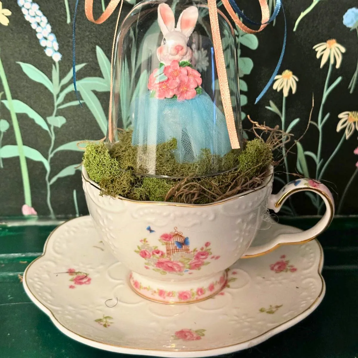 Teacup Bunny Cloche with ribbon