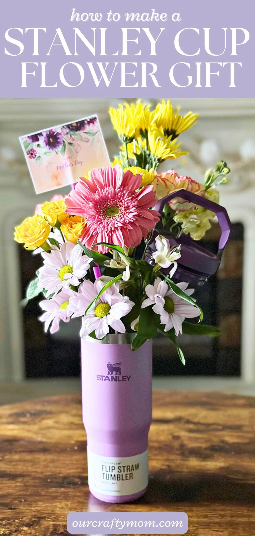 vertical image with stanley cup with flowers and gift tag