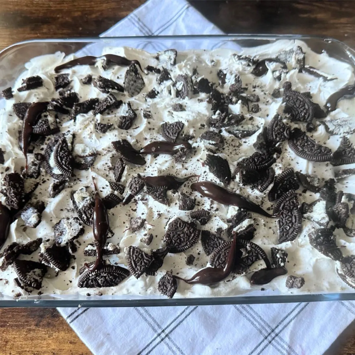 top view of no bake ice cream sandwich cake with oreos