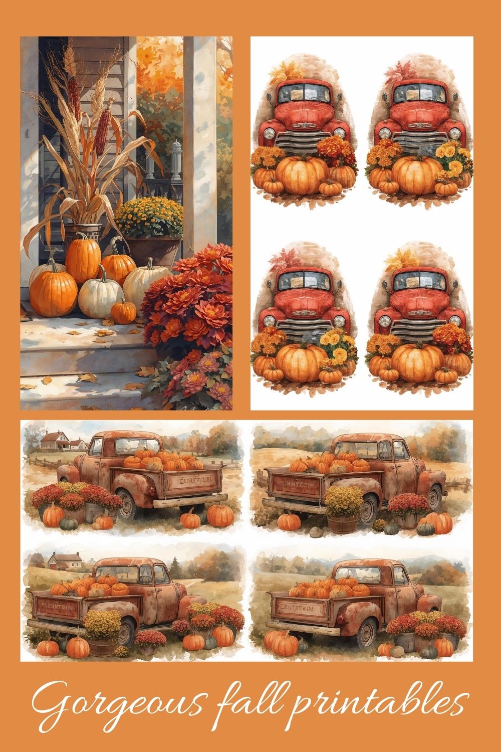 Fall Printables pin collage with fall trucks 