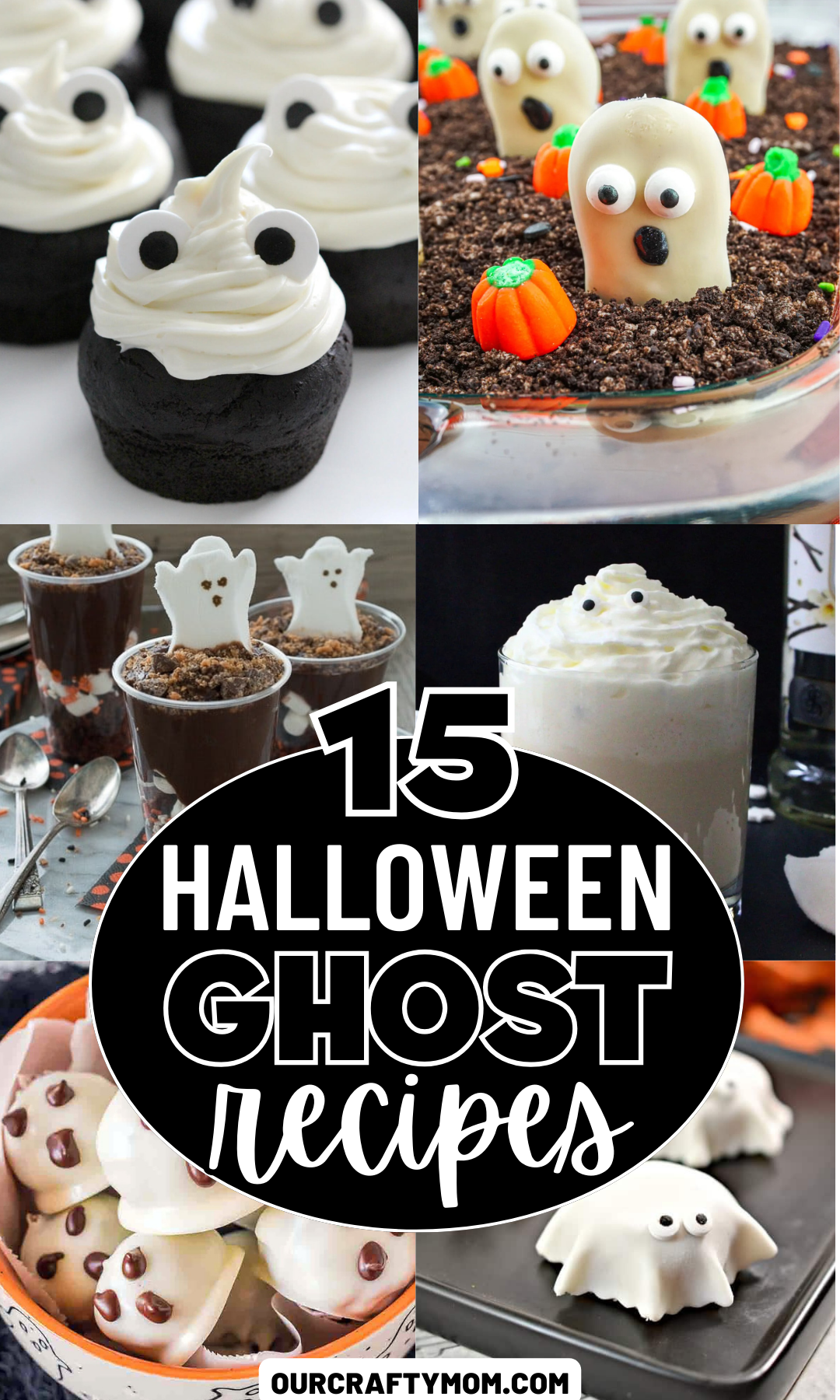 6 image collage Halloween ghost recipes