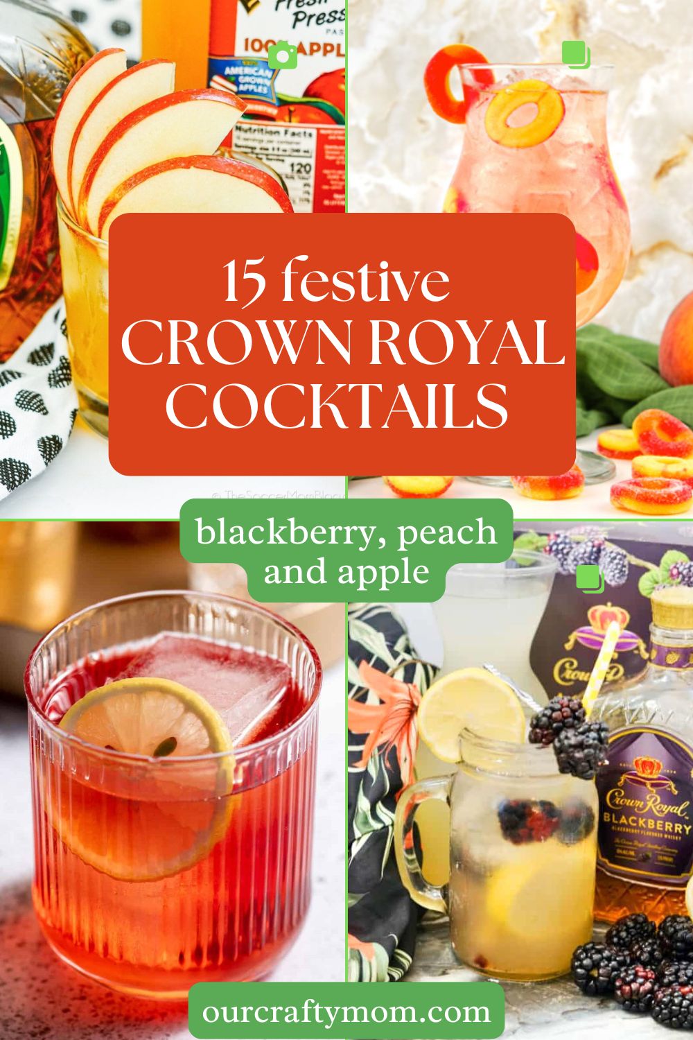 Peach, Apple and Blackberry Crown Royal Cocktails vertical image collage with text overlay