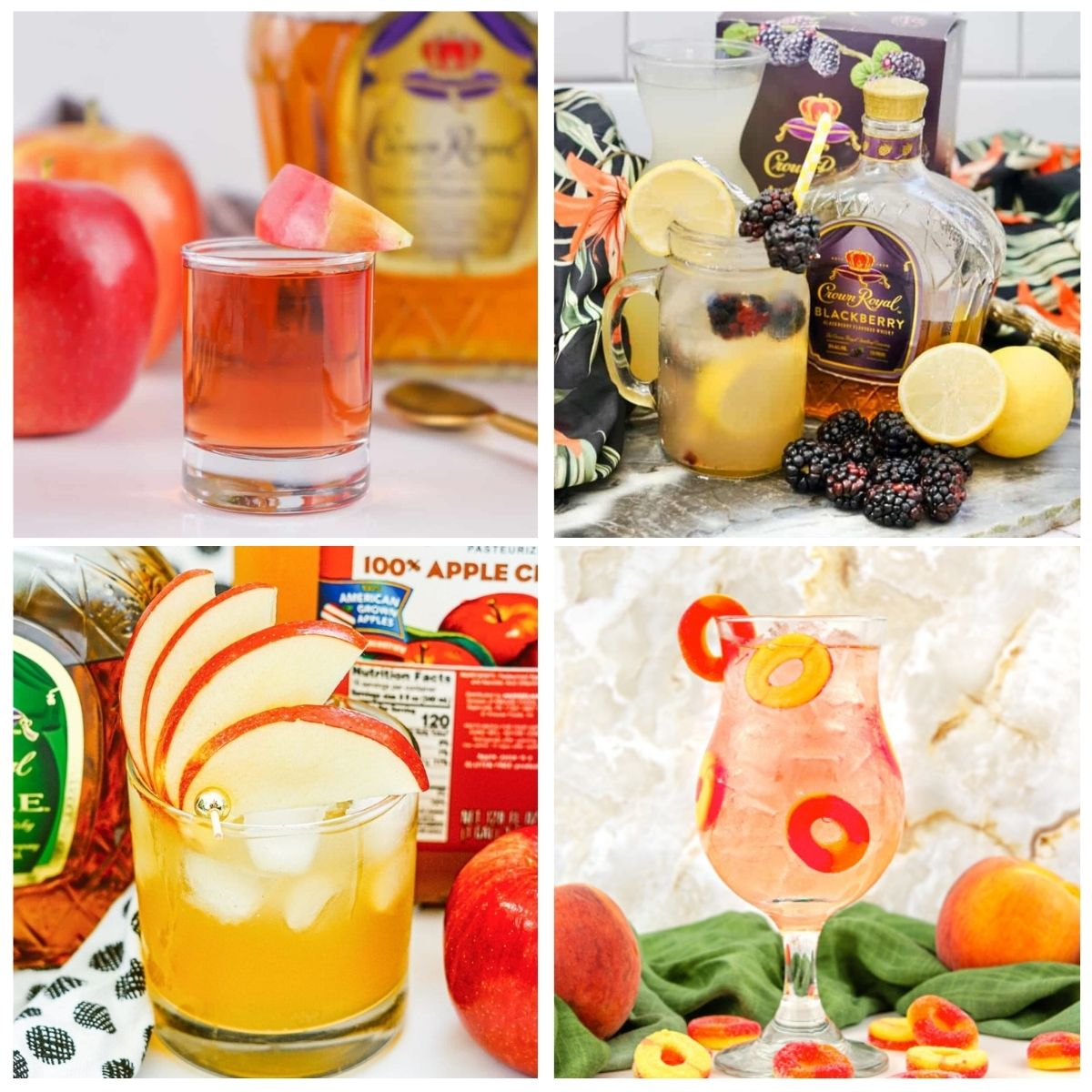 4 image collage Peach, Apple and Blackberry Crown Royal Cocktails