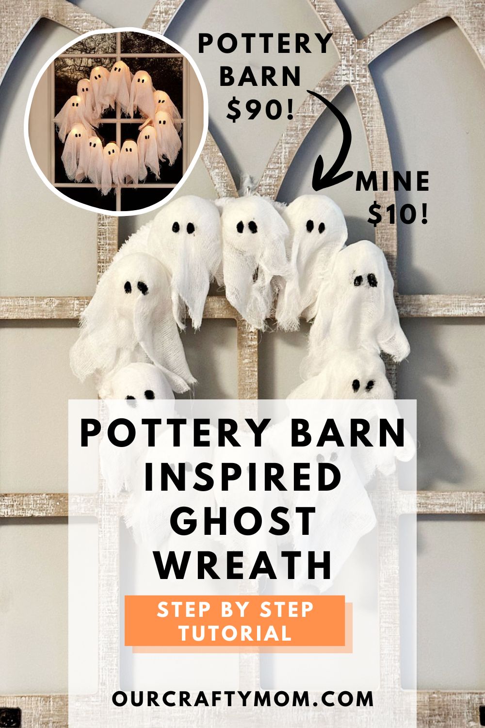 DIY Ghost Wreath Pottery Barn Dupe vertical image with text overlay