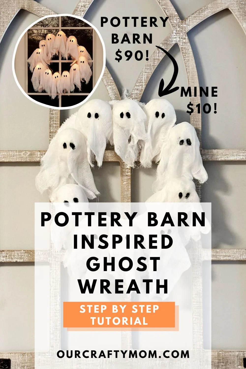 DIY Ghost Wreath Pottery Barn Dupe vertical image with text overlay