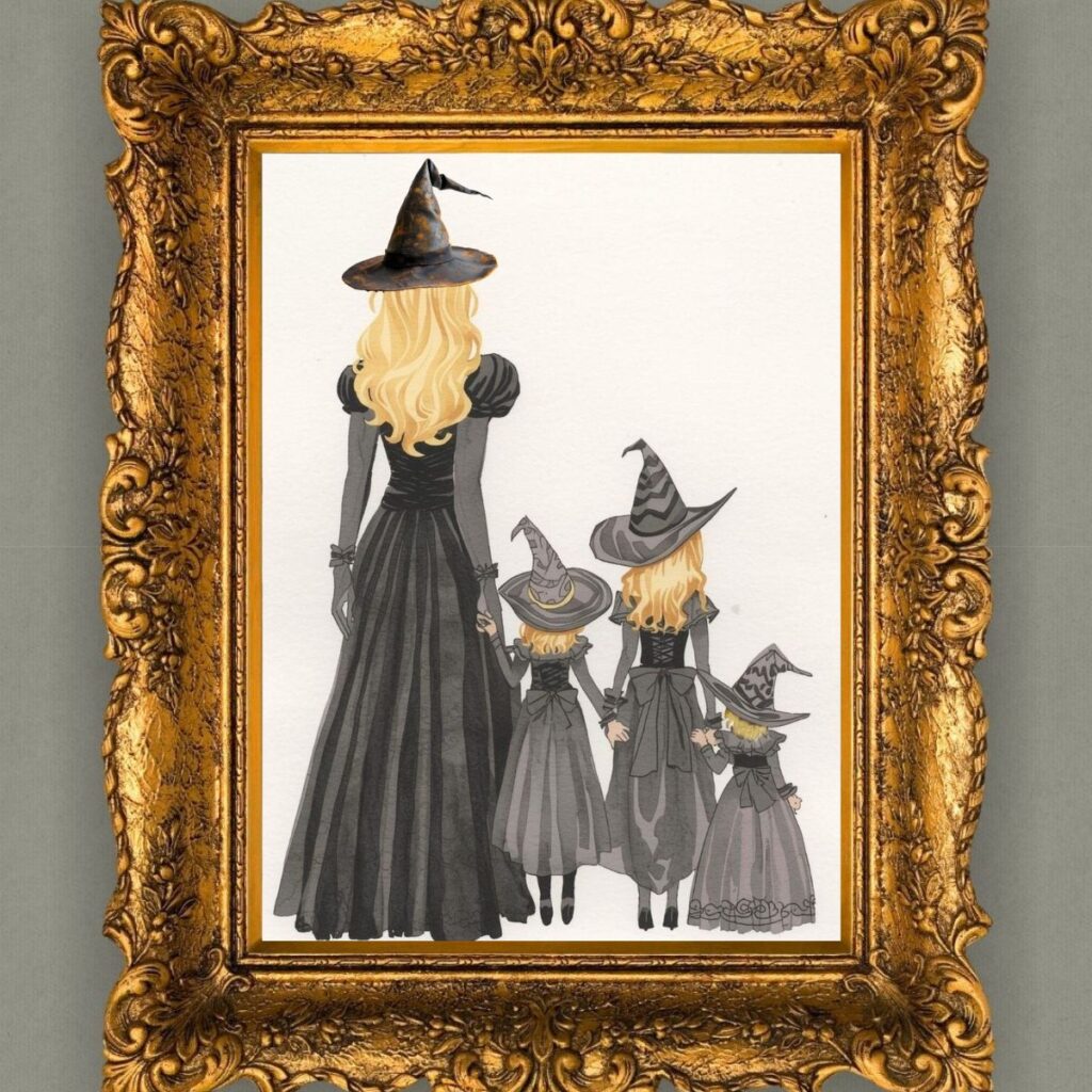 family of 4 witches silhouette printable