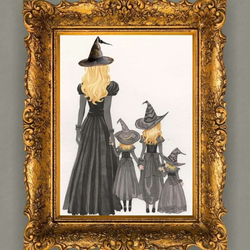 family of 4 witches silhouette printable