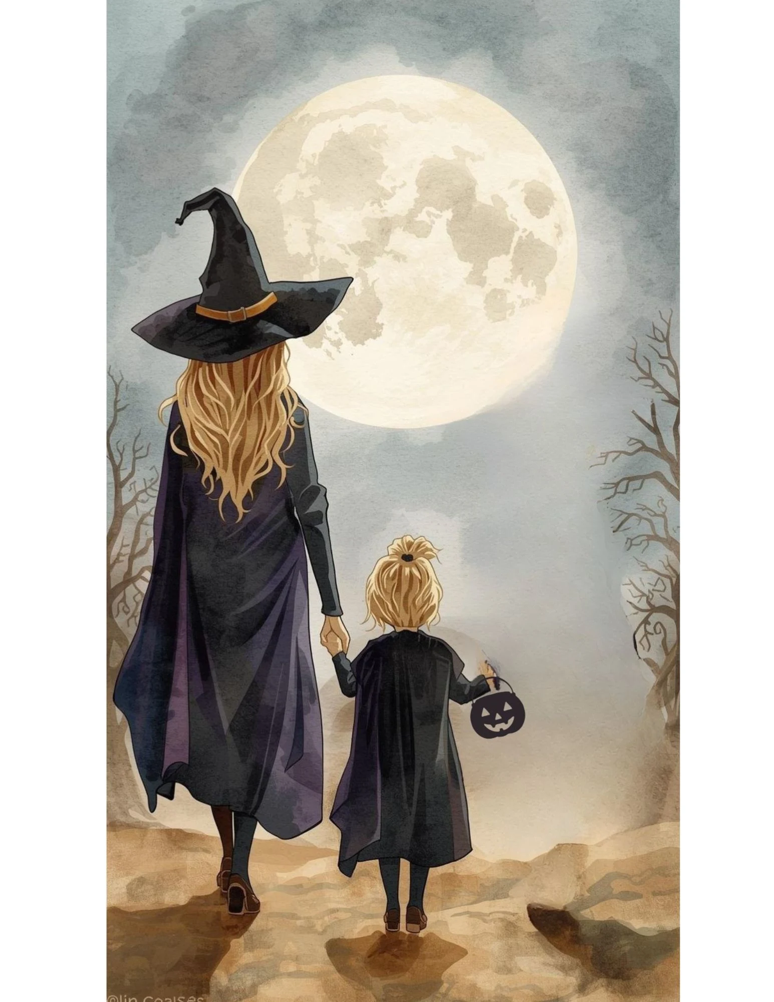 mom and daughter witch silhouette