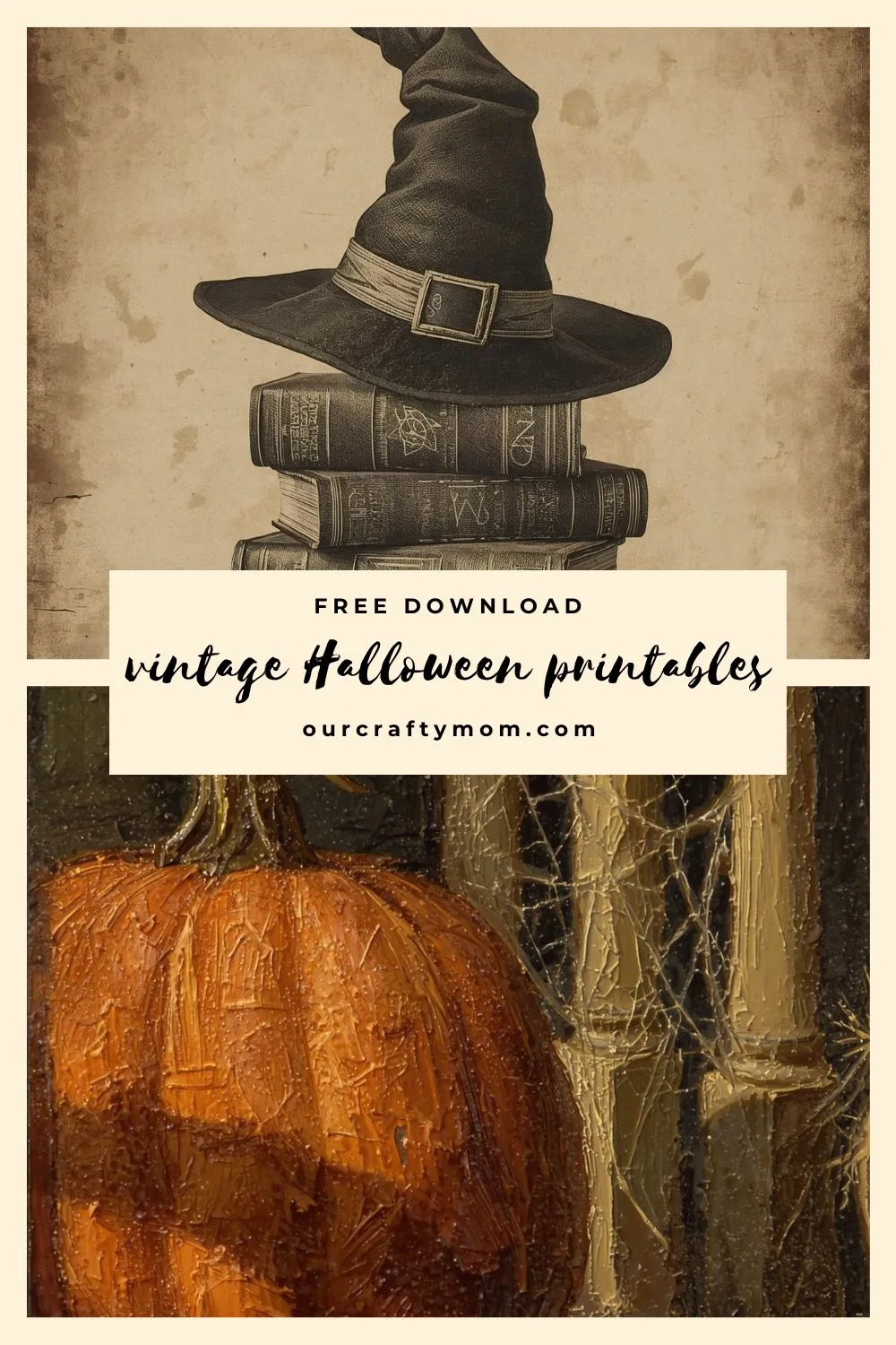 Free Vintage Halloween Printables Witch Hat and Pumpkin Scene