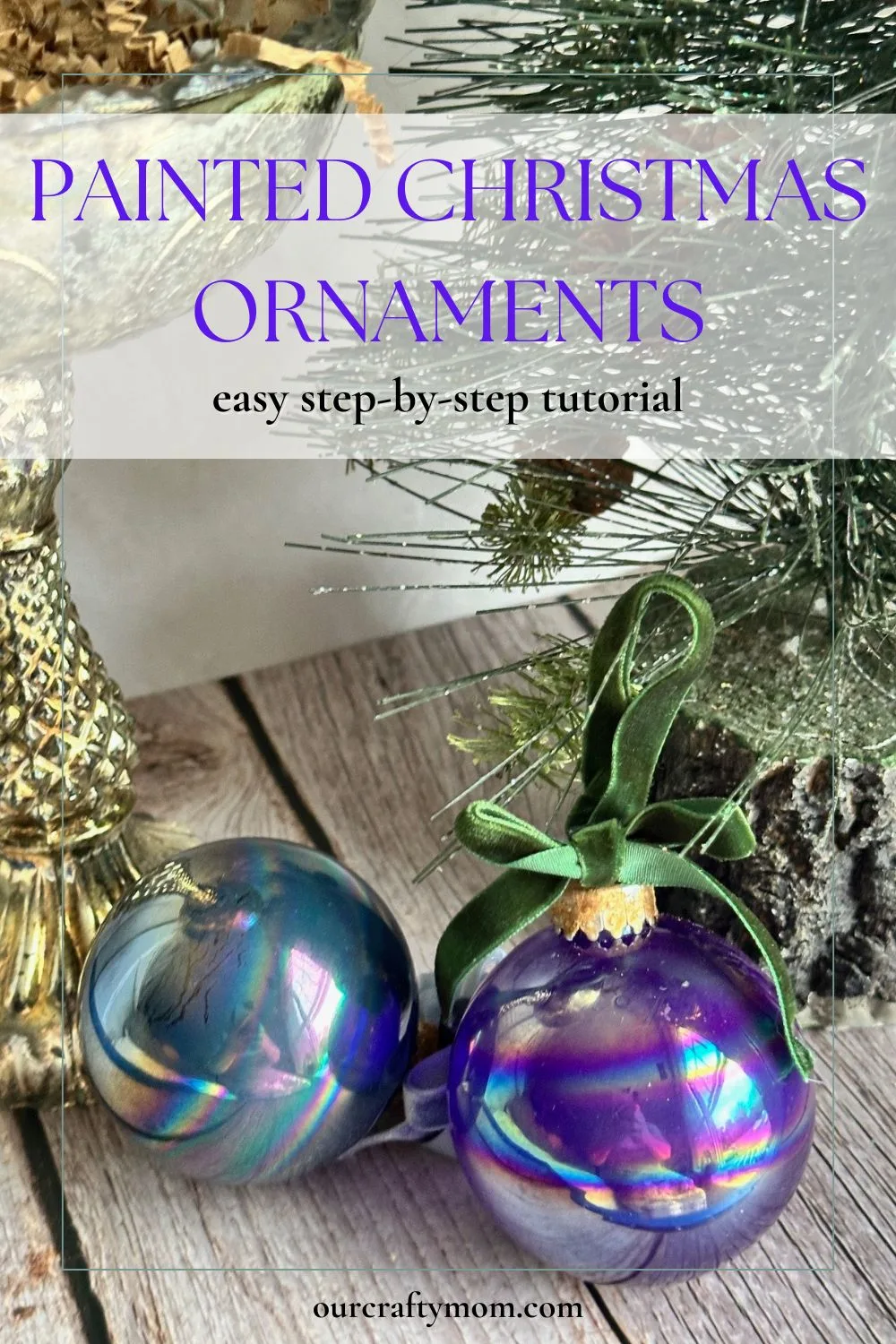 diy painted Christmas Ball Ornaments with velvet ribbon
