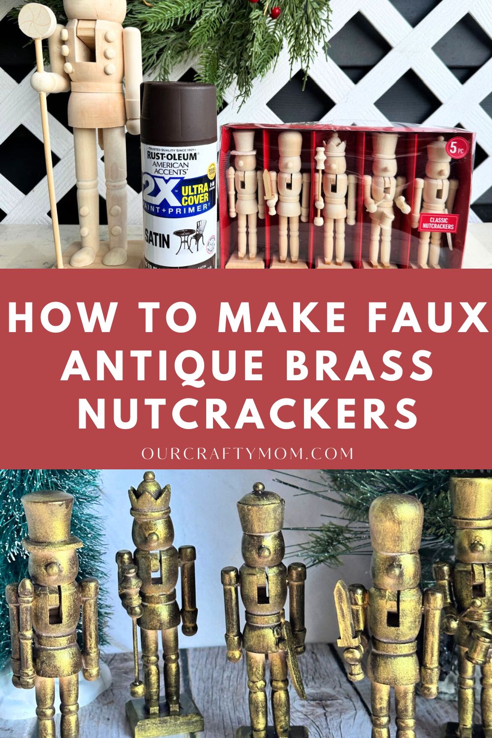 vertical image with before and after wood nutcrackers