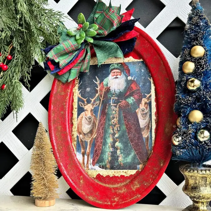 old world santa thrifted silver tray with tartan plaid