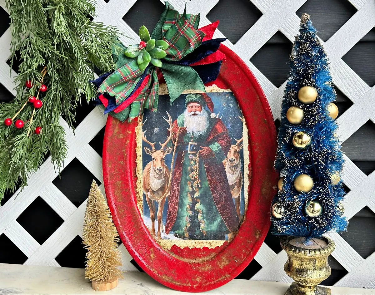 upcycled serving tray with decoupage santa image