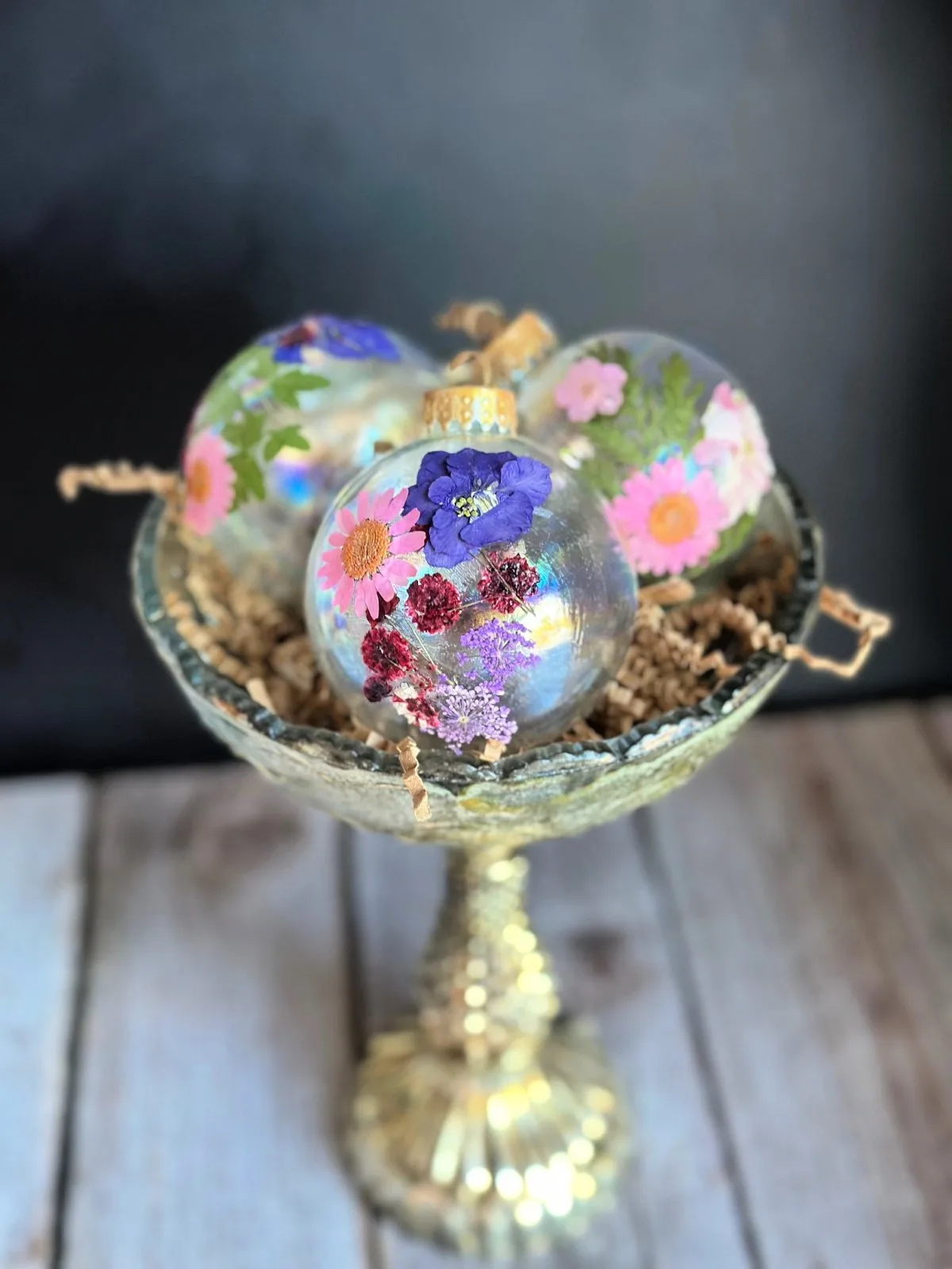 Pressed Flower Ornaments with purple and pink flowers