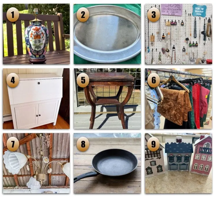 9 image collage with thrift store decor projects