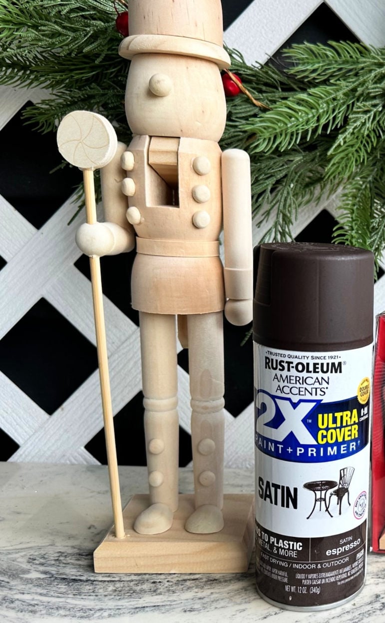 unfinished wood nutcracker with espresso spray paint
