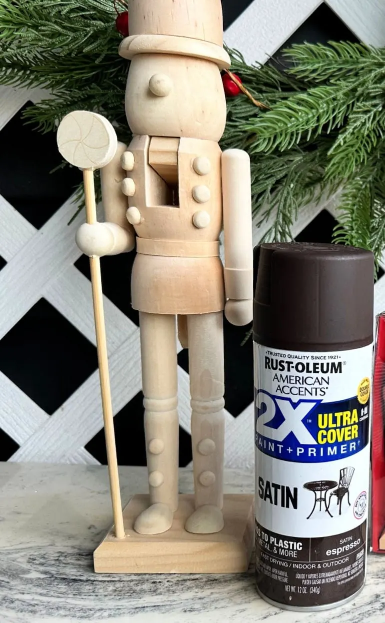 unfinished wood nutcracker with espresso spray paint