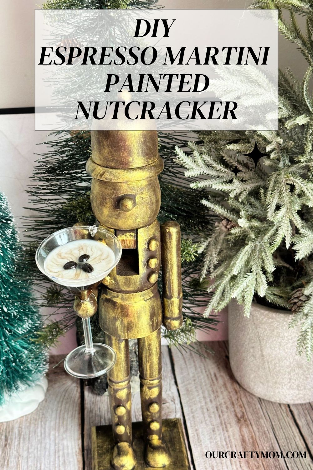 painted wood nutcracker holding an espresso martini