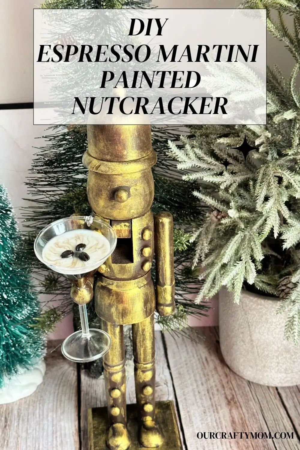 painted wood nutcracker holding an espresso martini