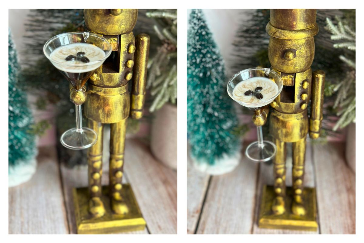 2 image collage with painted wood nutcracker holding espresso martini