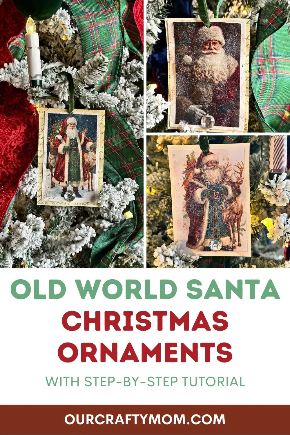 3 image collage with old world santa ornaments