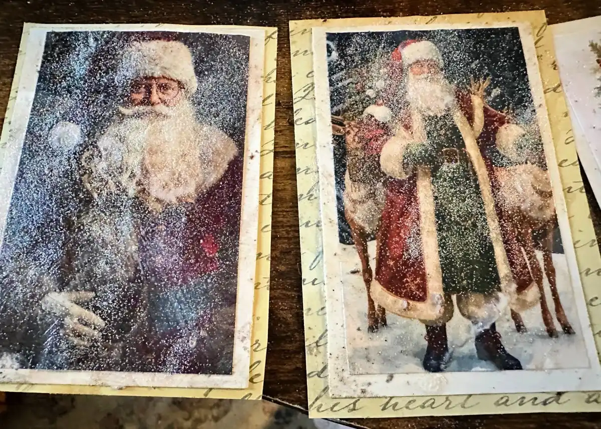 2 old world santa ornaments with glamour dust