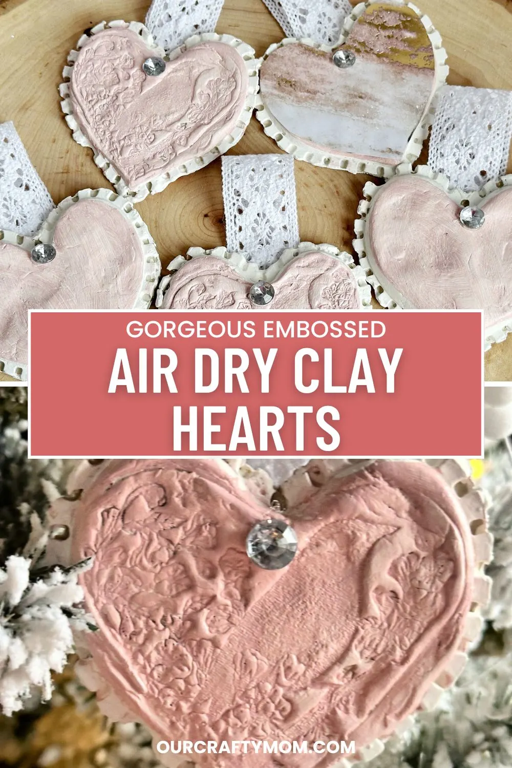 2 image collage with pink embossed air dry clay hearts