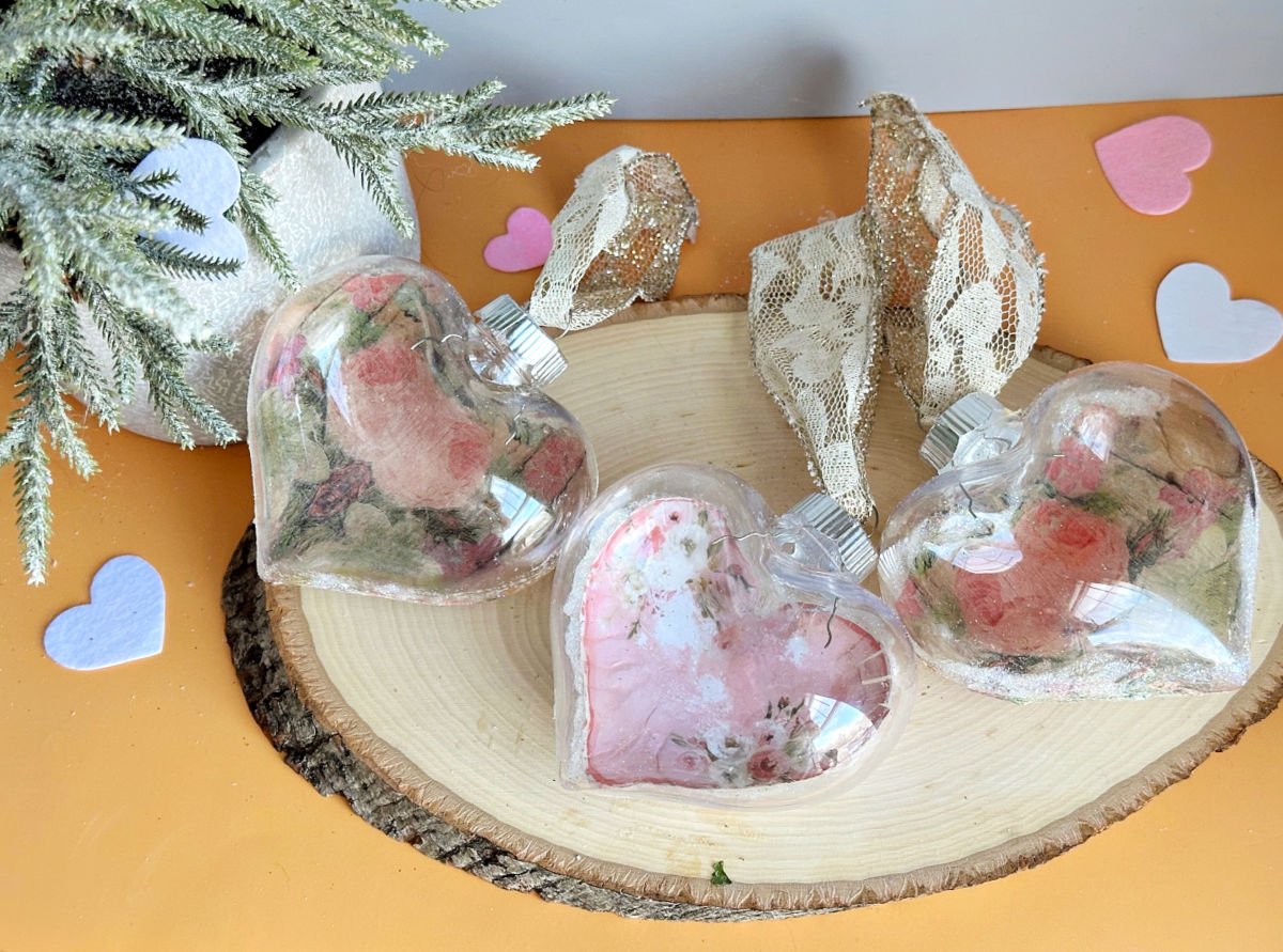 Reverse Decoupage Heart Ornaments with gold lace ribbon