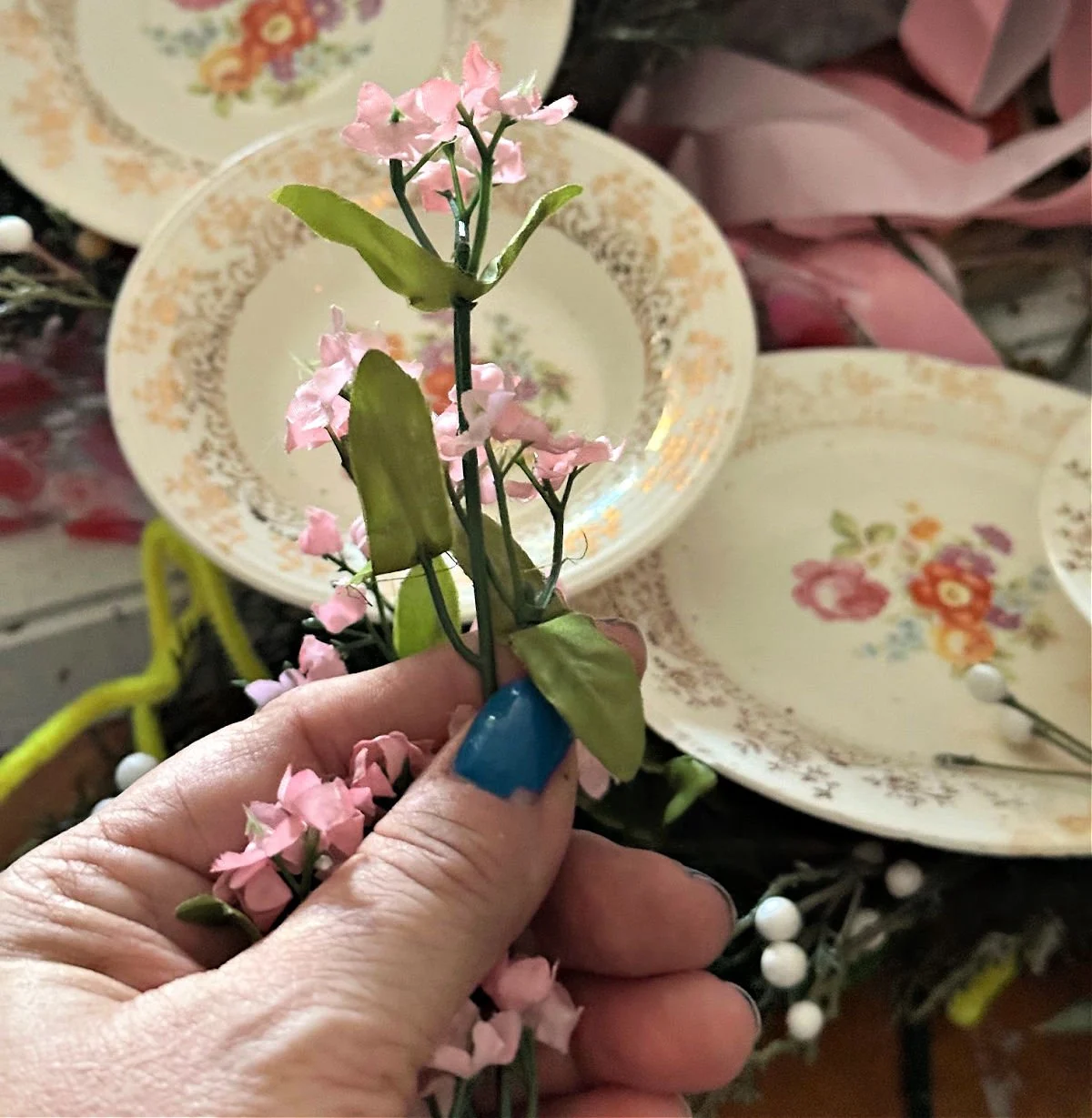 pink silk flowers for plate wreath